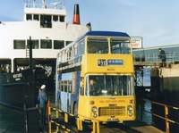 Solent Blue line bus disembarking from Netley Castle at East Cowes January 1989